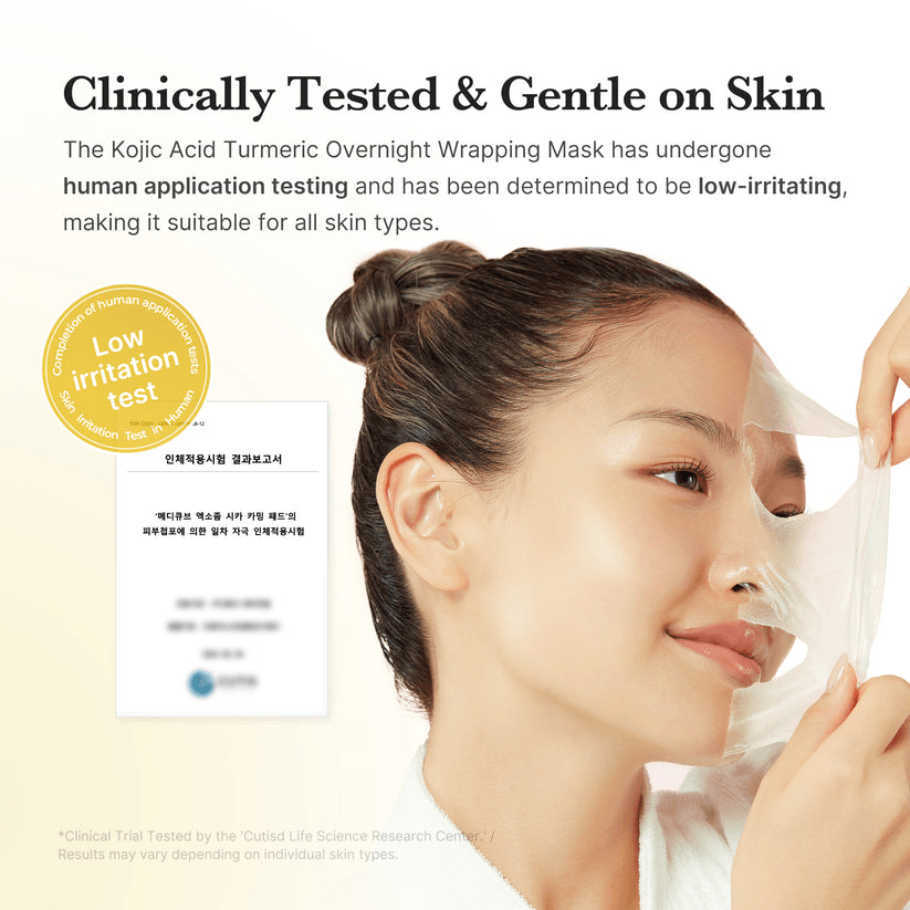 Medicube Kojic Acid Turmeric Overnight Wrapping Mask is clinically tested, gentle, and suitable for all skin types.