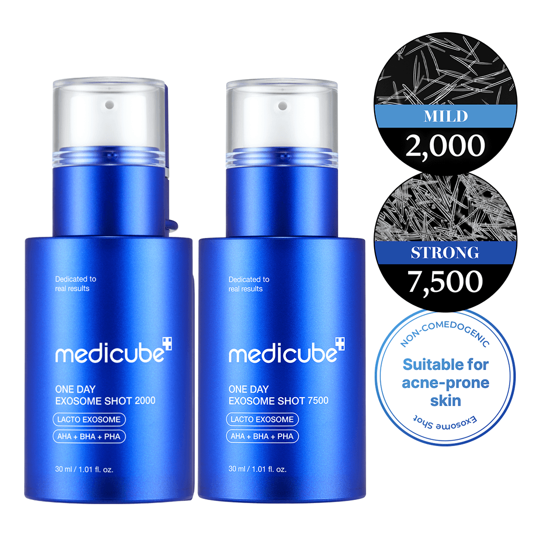 Medicube Zero Exosome Shot serum bottles for skin treatment with acne-prone skin suitability.