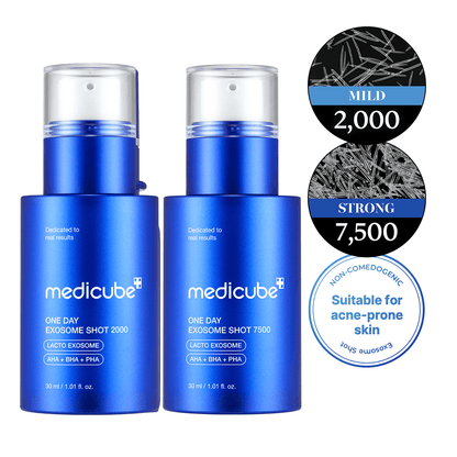 Medicube Zero Exosome Shot serum bottles for skin treatment with acne-prone skin suitability.
