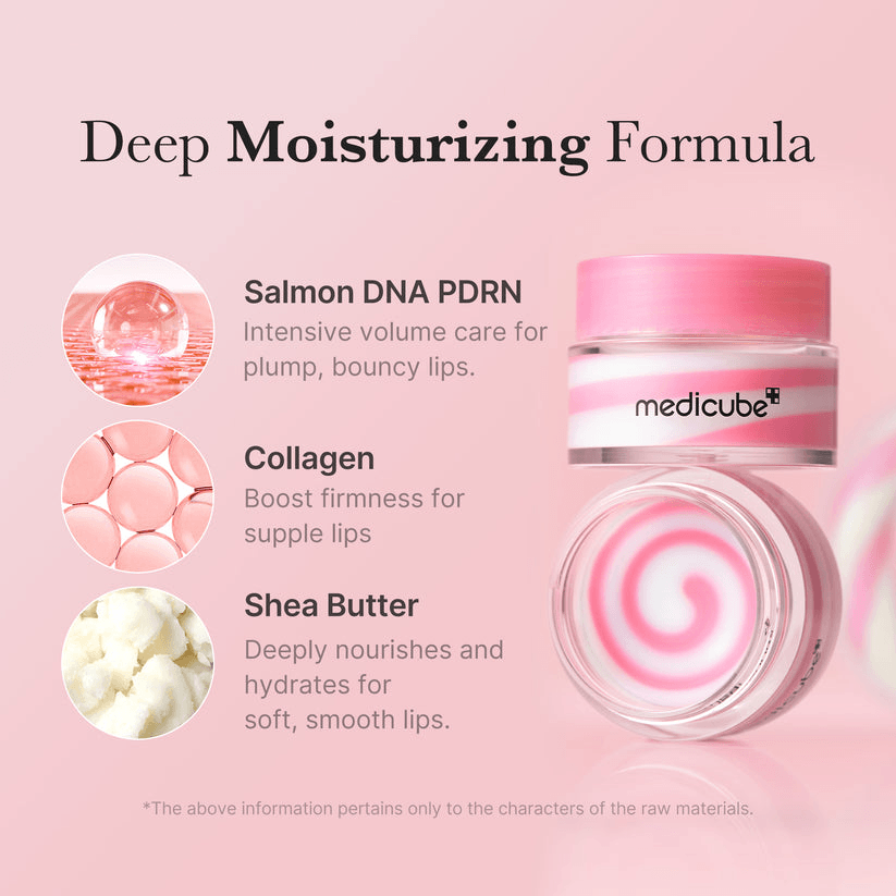 Medicube PDRN Lip Sleeping Mask ingredients overview featuring salmon DNA PDRN, collagen, and shea butter for deep moisture.