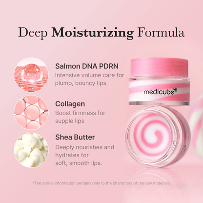 Medicube PDRN Lip Sleeping Mask ingredients overview featuring salmon DNA PDRN, collagen, and shea butter for deep moisture.