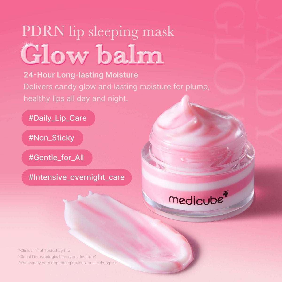 Medicube PDRN Lip Sleeping Mask in a jar with a swatch, designed for hydrated and smooth lips overnight.