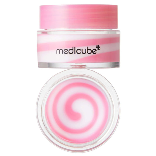 Medicube PDRN Lip Sleeping Mask in a pink and white striped jar, designed for nourishing and hydrating lips.