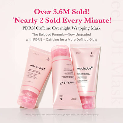 Medicube PDRN Pink Caffeine Overnight Wrapping Mask packaging highlighting sales success and upgraded formula.