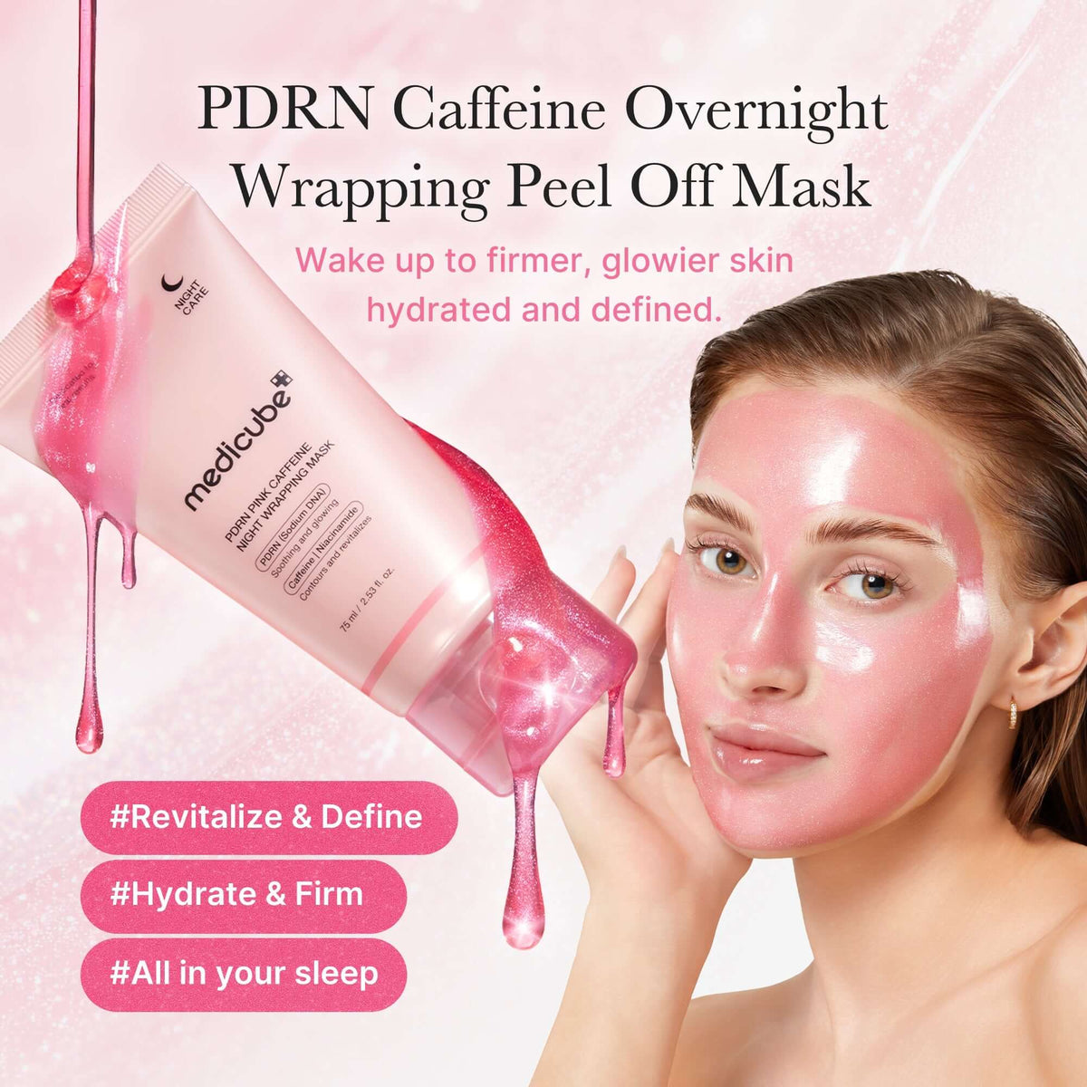 Medicube PDRN Pink Caffeine Overnight Wrapping Mask to revitalize and hydrate skin for a firmer, glowier look.