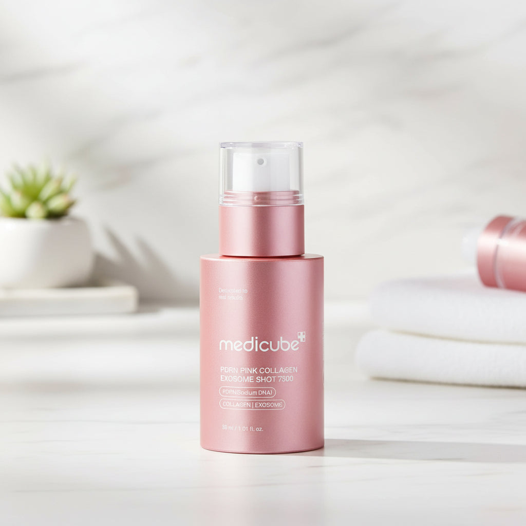 Medicube PDRN Pink Collagen Exosome Shot displayed in a minimalistic setting with towels and plants.