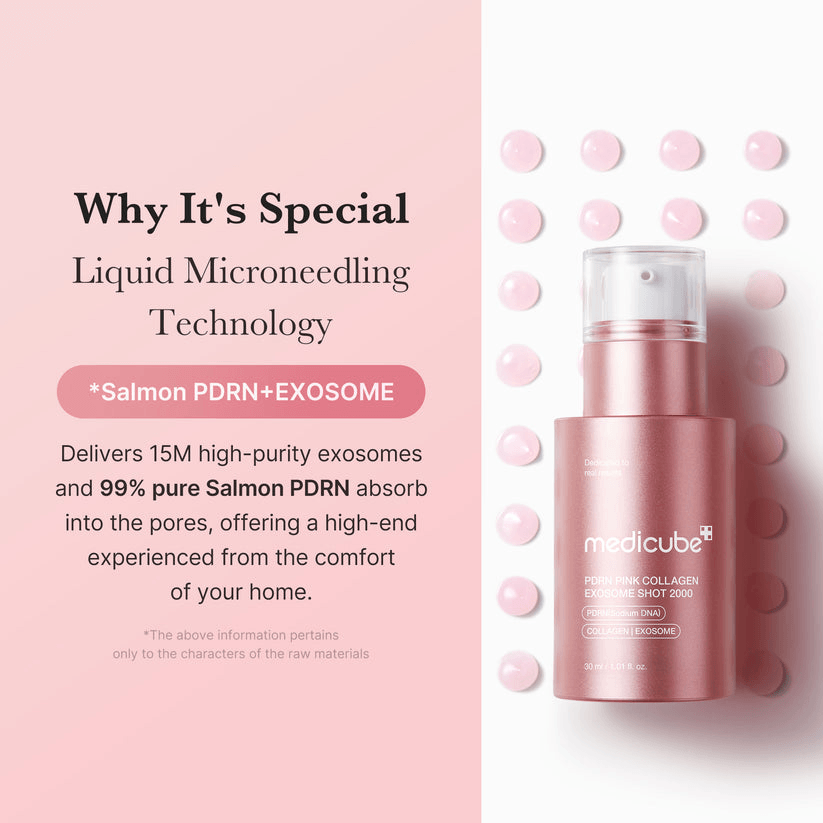 Medicube PDRN Pink Collagen Exosome Shot with Salmon PDRN and exosome technology for improved skin.
