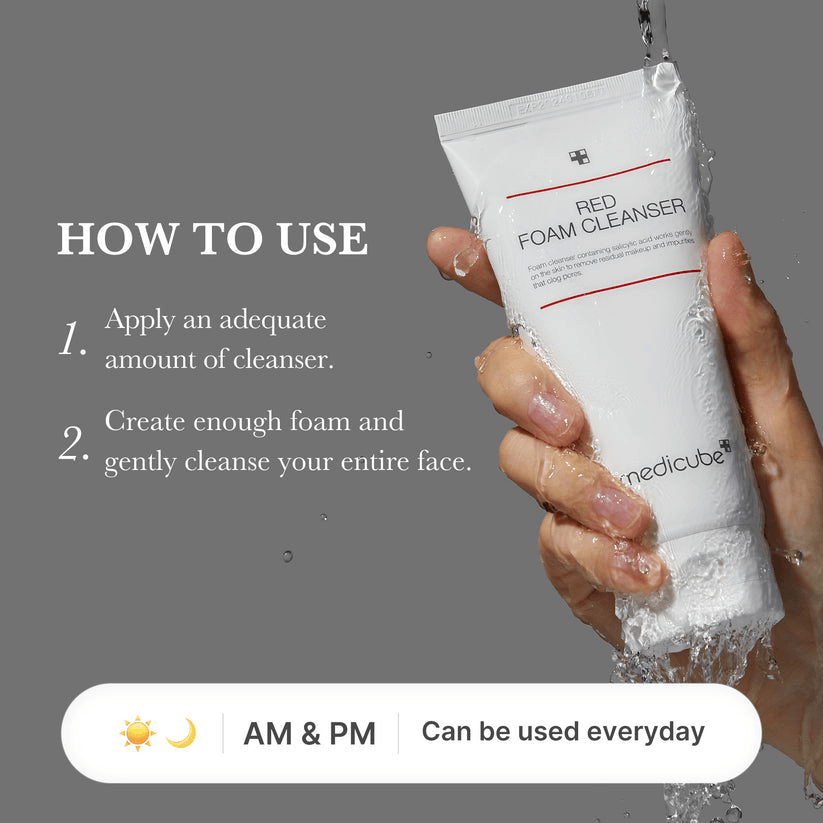 Medicube Red Foam Cleanser instructions for use: apply cleanser, create foam, cleanse entire face.