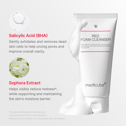 Medicube Red Foam Cleanser with salicylic acid and sophora extract for oily, acne-prone skin.