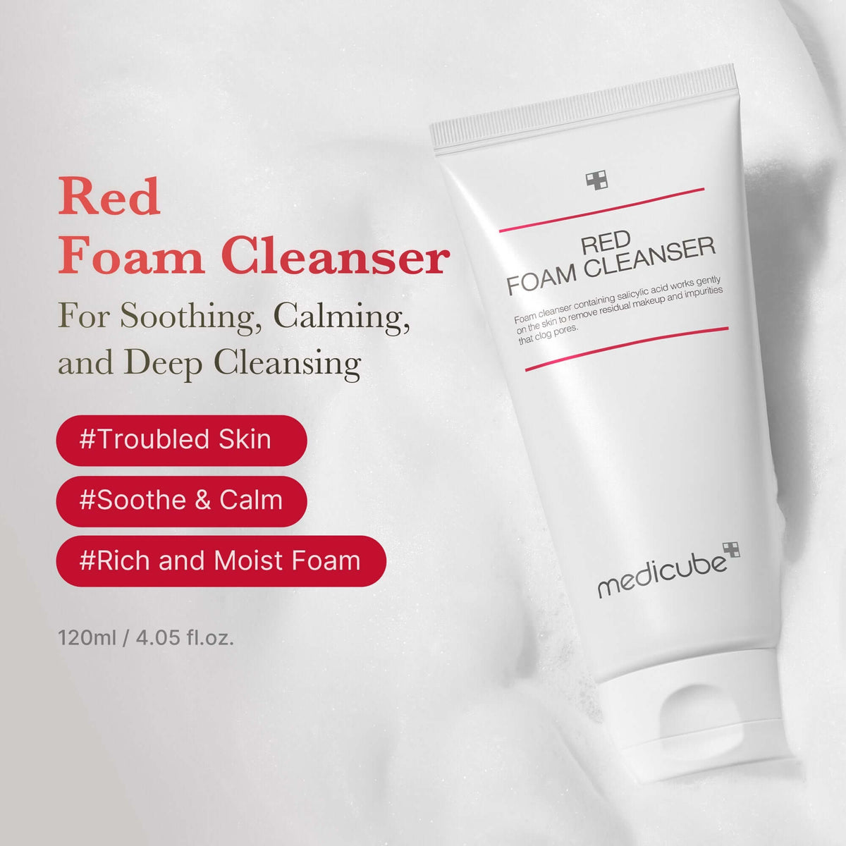 Medicube Red Foam Cleanser in a tube for soothing troubled skin and deep cleansing, rich and moist foam formulation.