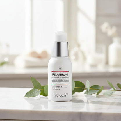 Medicube Red Serum bottle with pump; lightweight soothing serum for oily, acne-prone skin.