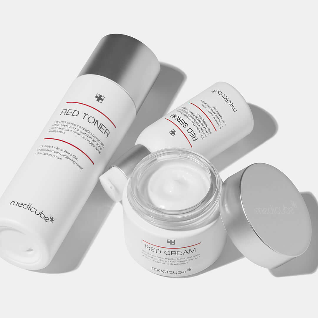 Medicube Red Serum and other Medicube skincare products including Red Toner and Red Cream.