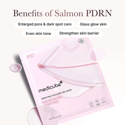 Medicube Salmon PDRN Pink Collagen Jelly Gel Mask packaging highlighting benefits for skin care.