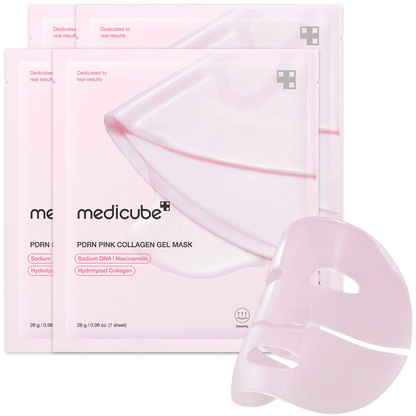Medicube Salmon PDRN Pink Collagen Jelly Gel Mask packaging and sheet mask for skincare routine