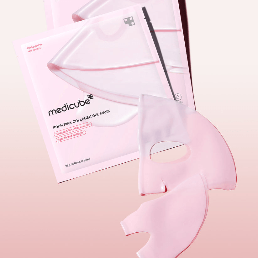 Medicube Salmon PDRN Pink Collagen Jelly Gel Mask packaging and gel mask sheets on a pink background.