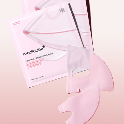 Medicube Salmon PDRN Pink Collagen Jelly Gel Mask packaging and gel mask sheets on a pink background.