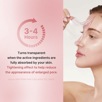 Medicube Salmon PDRN Pink Collagen Jelly Gel Mask showing transparent mask application and skincare benefits for enlarged pores.