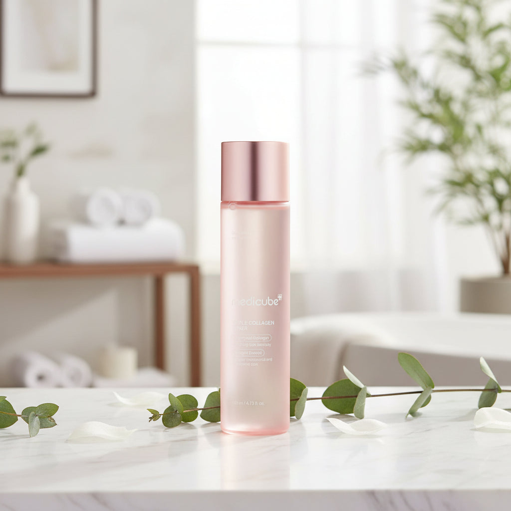 Medicube Triple Collagen Toner bottle on a light background for hydrated and radiant skin.