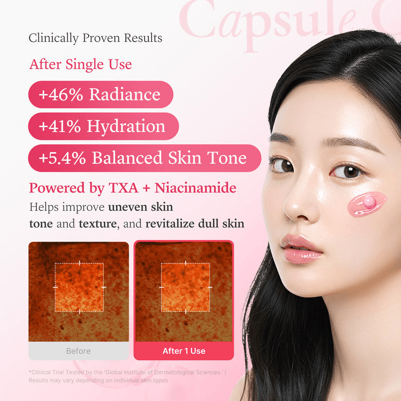 Medicube TXA Niacinamide Capsule Cream results showing improved skin radiance and hydration after single use.