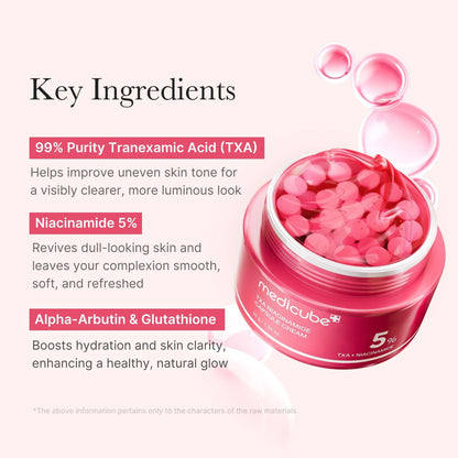 Medicube TXA Niacinamide Capsule Cream key ingredients including Tranexamic Acid and Niacinamide in a cream jar.