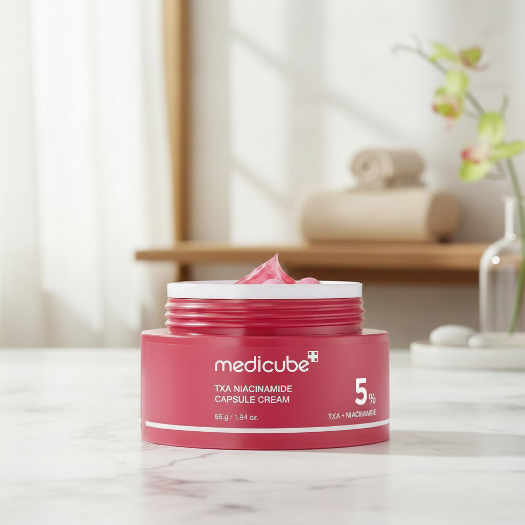 Red jar of Medicube TXA Niacinamide Capsule Cream with pink cream and capsules on a white background