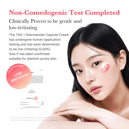 Medicube TXA Niacinamide Capsule Cream non-comedogenic test completed for low irritation skin care.
