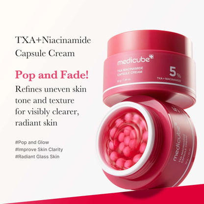 Medicube TXA Niacinamide Capsule Cream, a moisturizer for uneven skin tone and texture, enhances clarity and radiance.