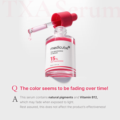 Medicube TXA Niacinamide Serum bottle with dropper showcasing vitamin B12 benefits for skincare.