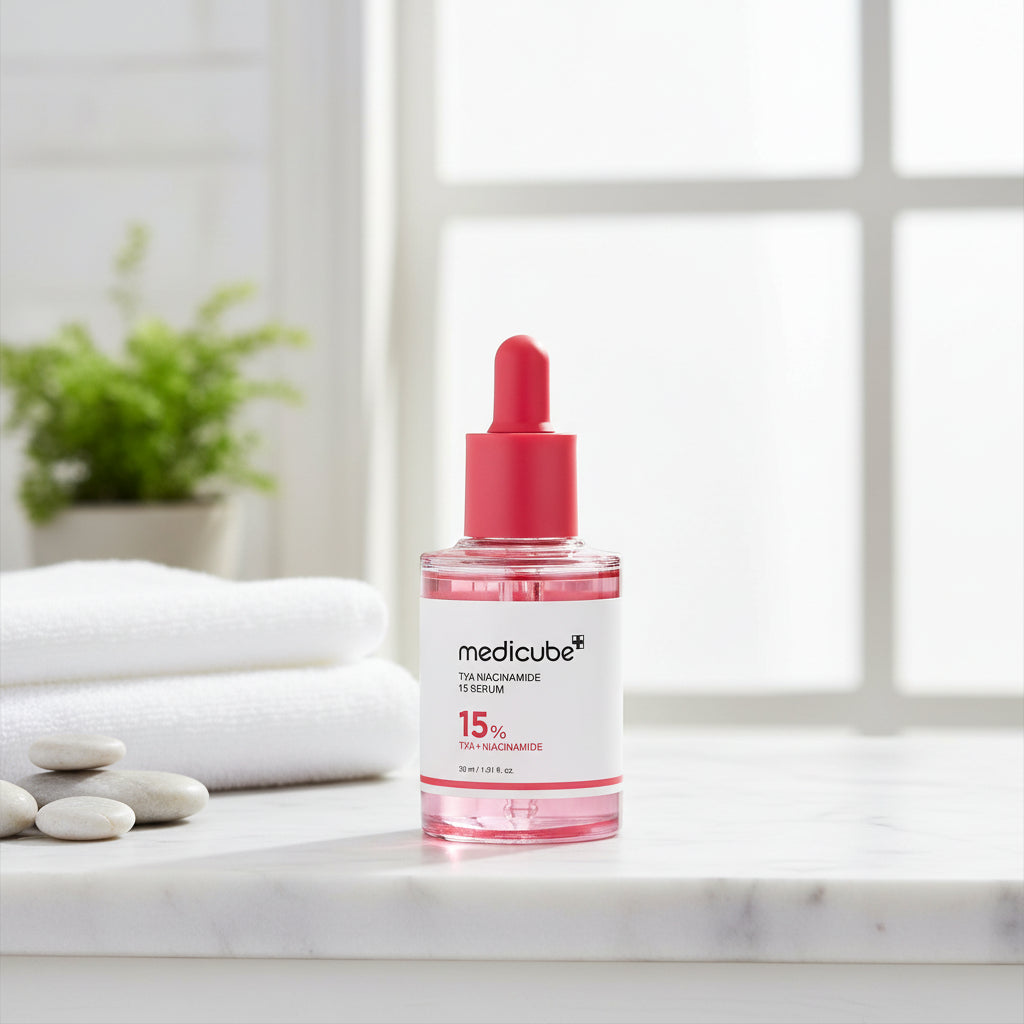 Medicube TXA Niacinamide Serum bottle on a table with towels and pebbles for skincare