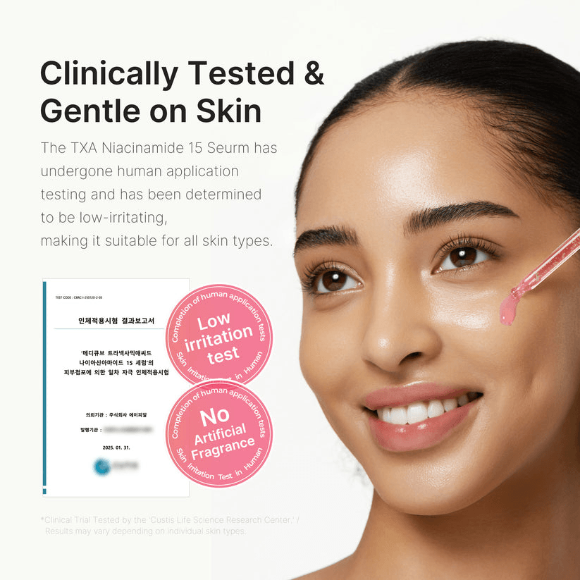 Medicube TXA Niacinamide Serum promotion with clinical testing highlights for gentle skincare.