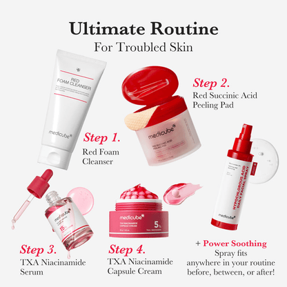 Medicube Red Foam Cleanser as part of the ultimate routine for troubled skin, highlighting effective skincare steps.