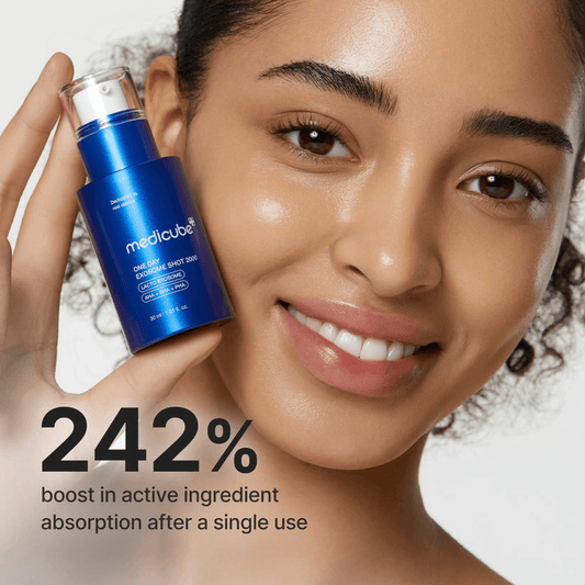 Medicube Zero Exosome Shot serum bottle held by a woman with glowing skin, showcasing 242% boost in ingredient absorption.