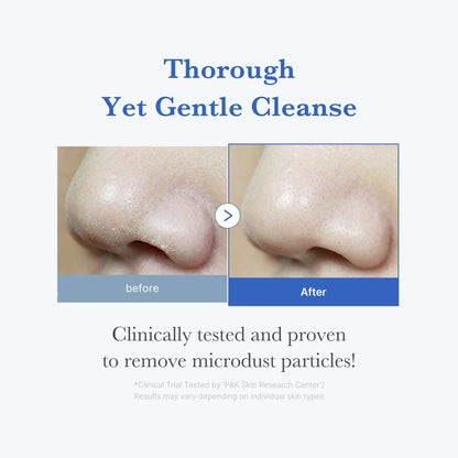 Before and after results showcasing the cleaning effectiveness of Medicube Zero Foam Cleanser on skin texture and impurities.