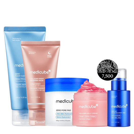 Affordable Glass Glow 7-Day Skincare Set featuring Medicube products for glowing skin and hydration.