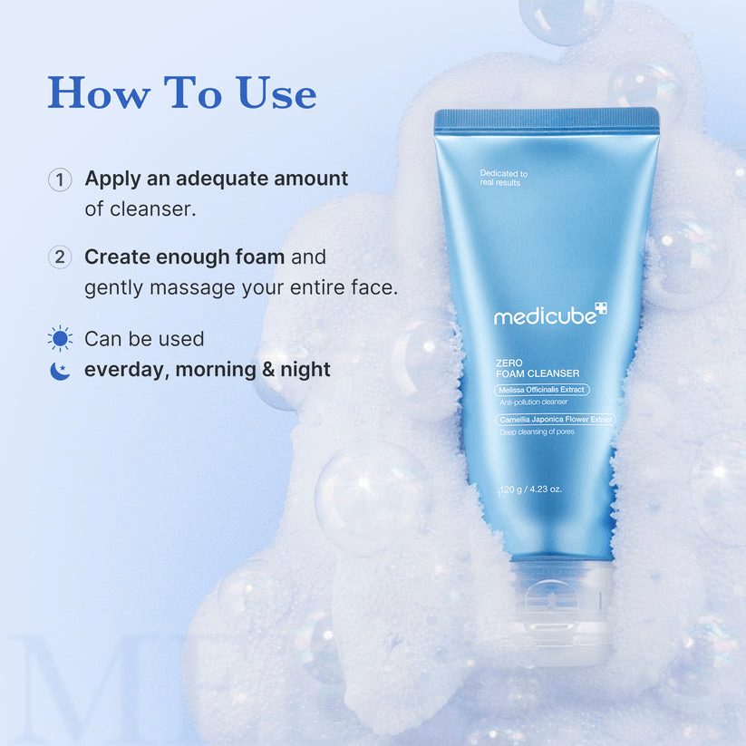 Medicube Zero Foam Cleanser tube with usage instructions and bubbles background.