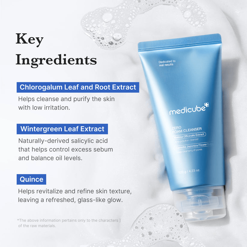 Medicube Zero Foam Cleanser key ingredients including Chlorogalum Leaf, Wintergreen Leaf, and Quince for skin benefits.