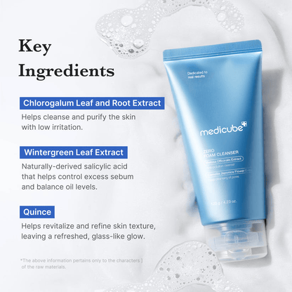 Medicube Zero Foam Cleanser key ingredients including Chlorogalum Leaf, Wintergreen Leaf, and Quince for skin benefits.