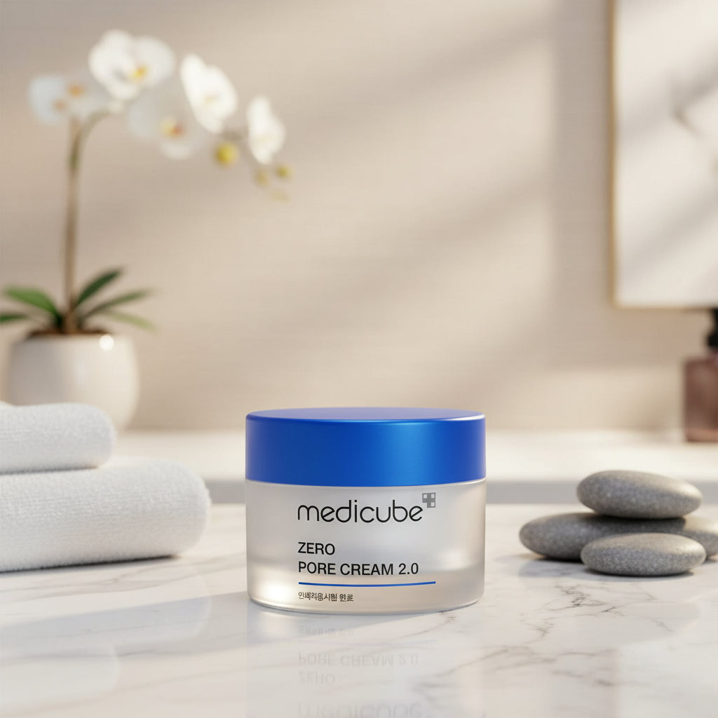 Medicube Zero Pore One-day Cream moisturizer in a jar with blue lid for pore care and hydration.