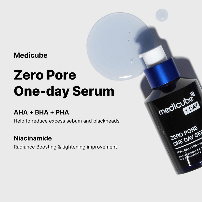 Medicube Zero Pore One-day Serum bottle with AHA, BHA, PHA ingredients for reducing excess sebum and blackheads.
