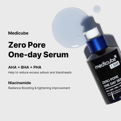 Medicube Zero Pore One-day Serum bottle with AHA, BHA, PHA ingredients for reducing excess sebum and blackheads.