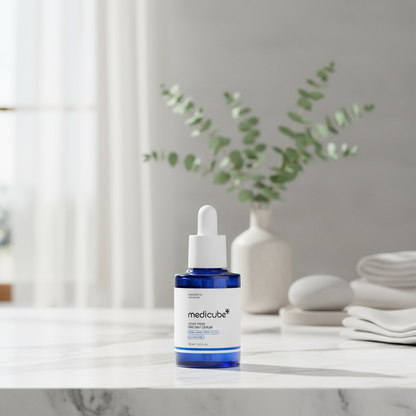 Medicube Zero Pore One-day Serum displayed on a marble countertop with greenery.