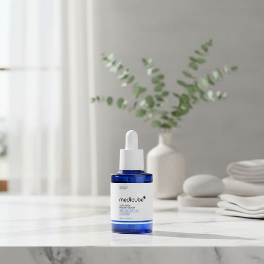 Medicube Zero Pore One-day Serum displayed on a marble countertop with greenery.
