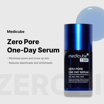 Medicube Zero Pore One-day Serum bottle with blue accents, designed to minimize pores and reduce blackheads.