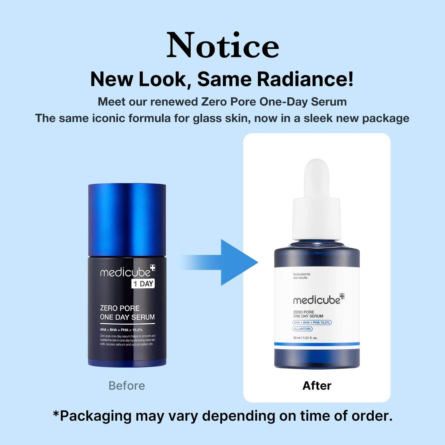 Medicube Zero Pore One-day Serum packaging comparison before and after renewal