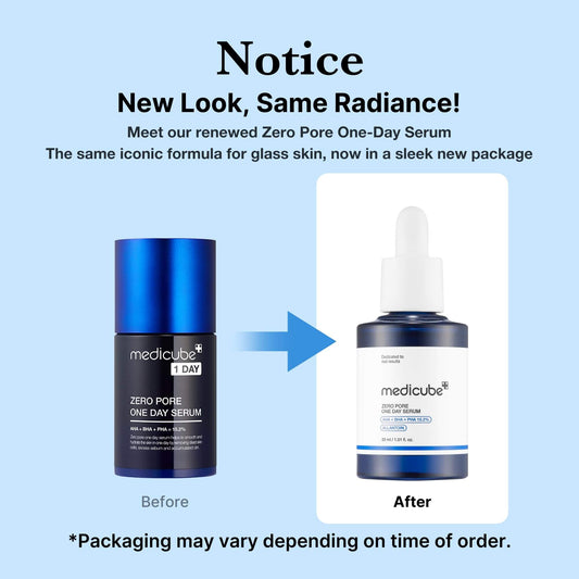 Medicube Zero Pore One-day Serum packaging comparison before and after renewal