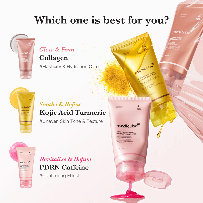 Medicube Kojic Acid Turmeric Overnight Wrapping Mask alongside other Medicube products for skin care.