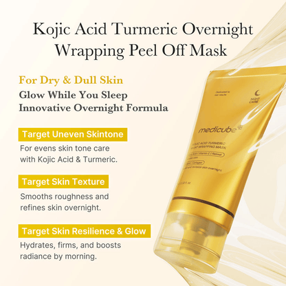 Medicube Kojic Acid Turmeric Overnight Wrapping Mask for dry and dull skin, promoting glow and improved skin texture.