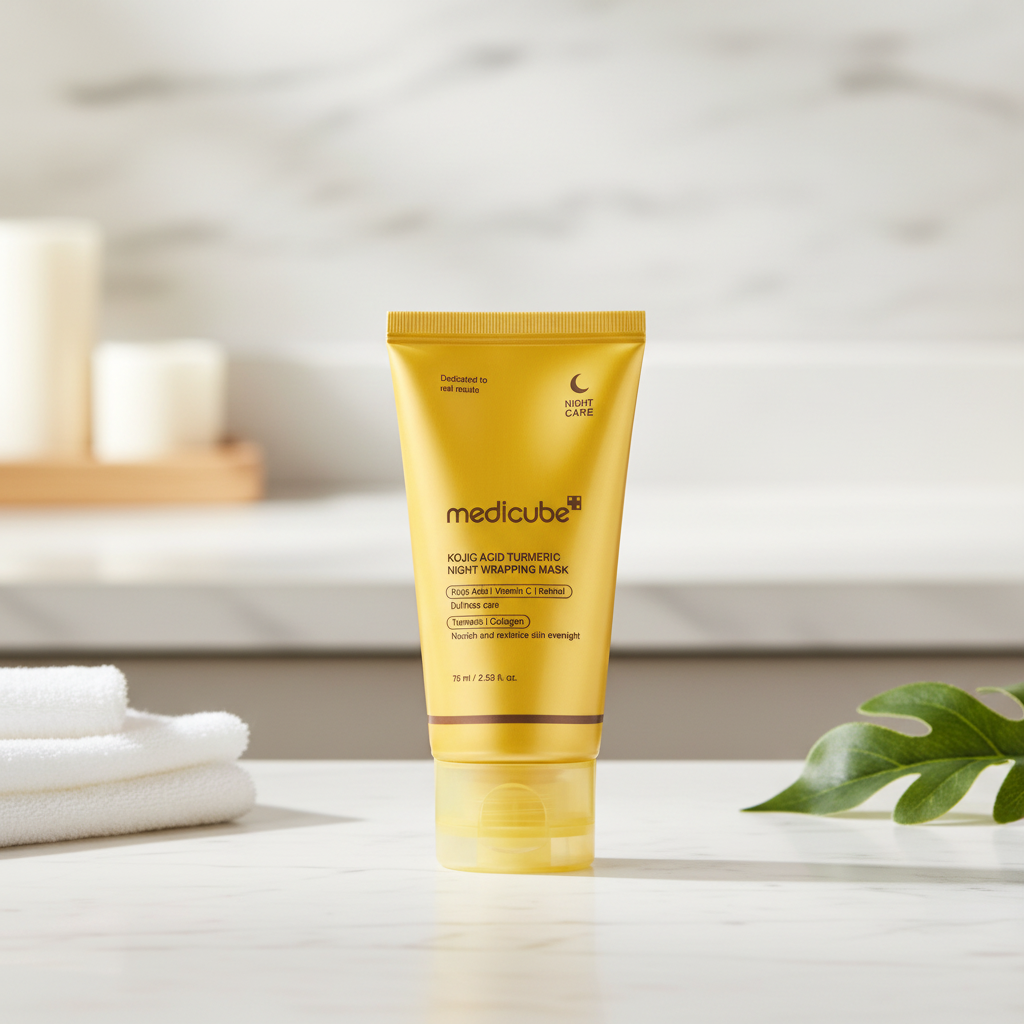 Medicube Kojic Acid Turmeric Overnight Wrapping Mask in a golden tube with gel background for brightening skin overnight.