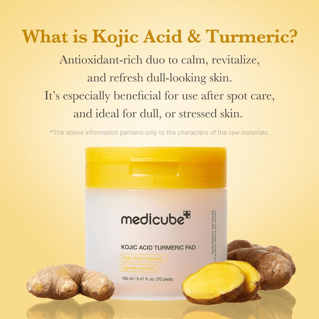 Medicube Kojic Acid Tumeric Toner Pad jar with turmeric roots on a yellow background, part of Korean skincare products.
