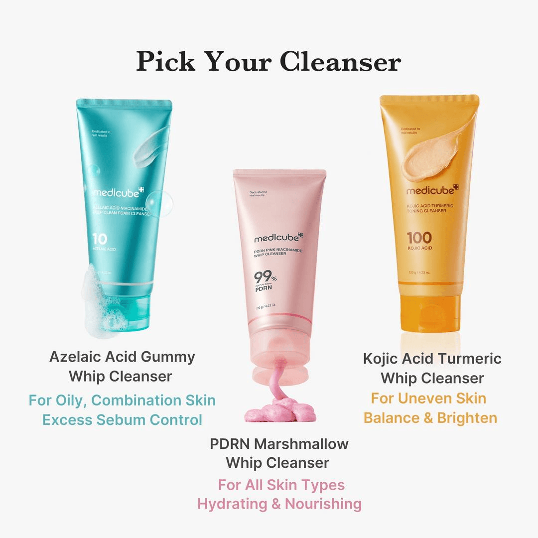 Medicube Kojic Acid Turmeric Toning Cleanser among various cleansing products for brighter, balanced skin tone.